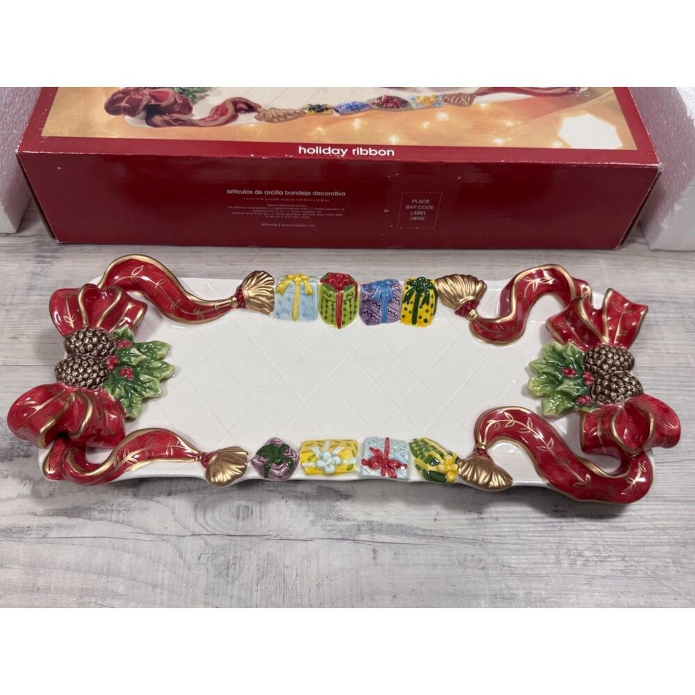 VTG‎ JCPenney Home Collection Holiday Ribbon Decorative Ceramic Tray NIB - Picture 2 of 6